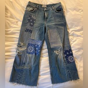We The Free Distressed Blue Patchwork Wide Leg Jeans